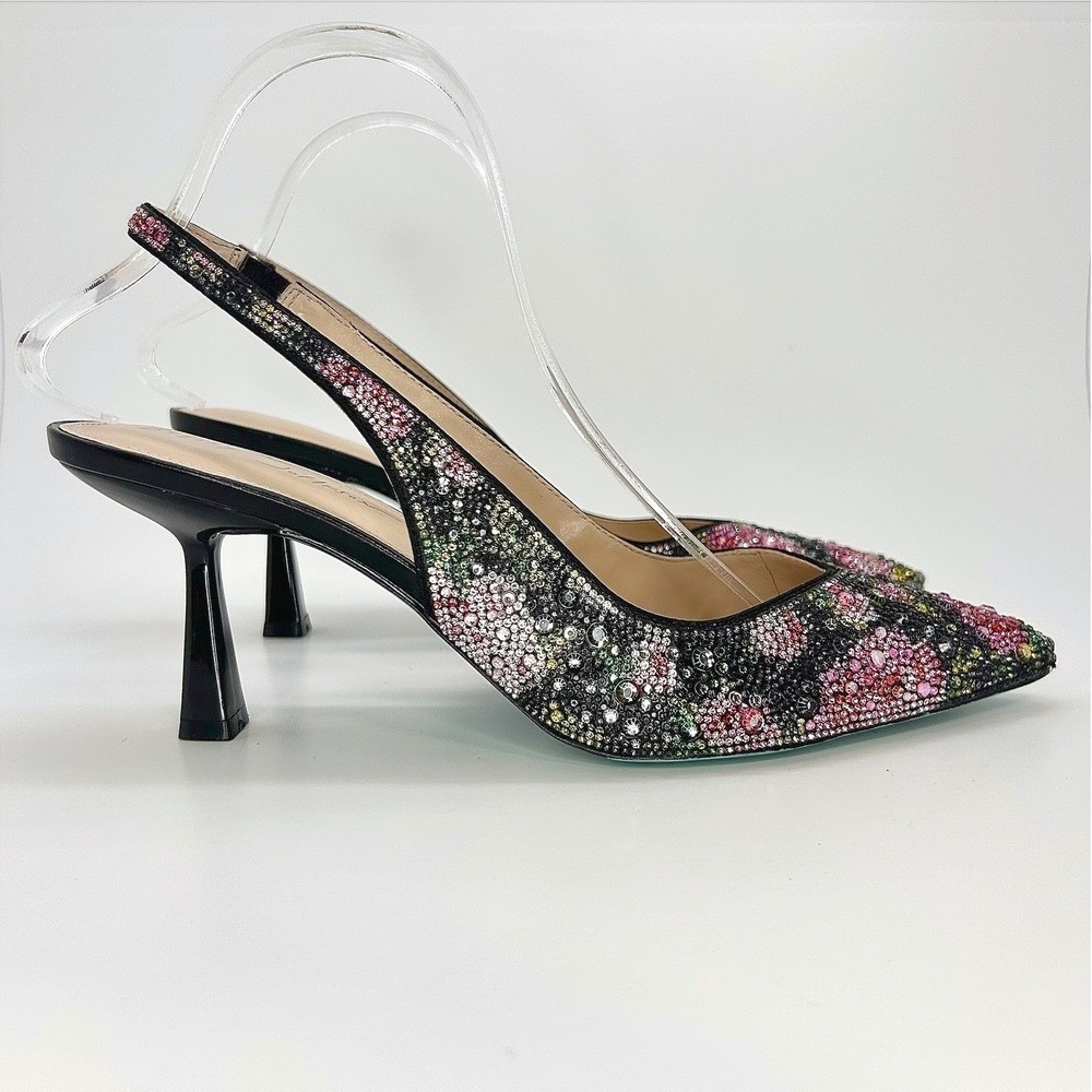 Betsey Johnson Clark Rhinestone Floral Slingback Pumps Black Pink Heels 10 NWOT - Picture 3 of 12